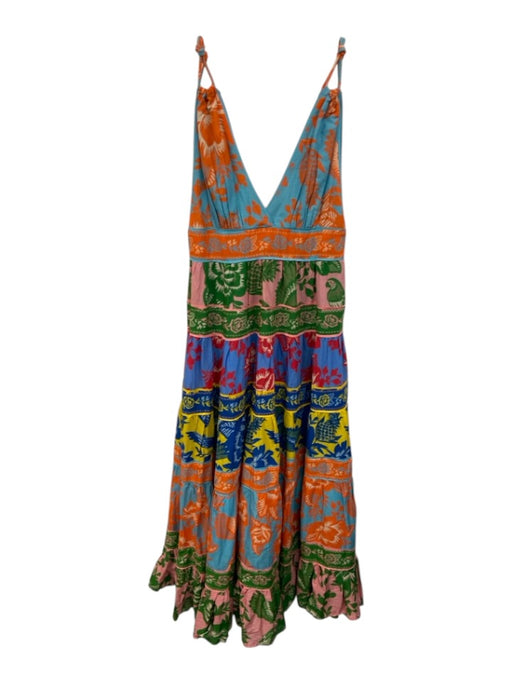 Farm Rio Size Small Blue, Orange, Red Cotton Sleeveless Mixed Print Tiered Dress Blue, Orange, Red / Small