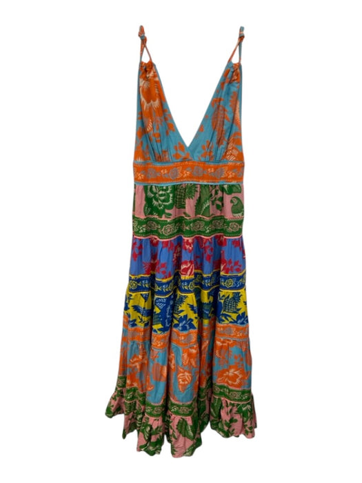 Farm Rio Size Small Blue, Orange, Red Cotton Sleeveless Mixed Print Tiered Dress Blue, Orange, Red / Small