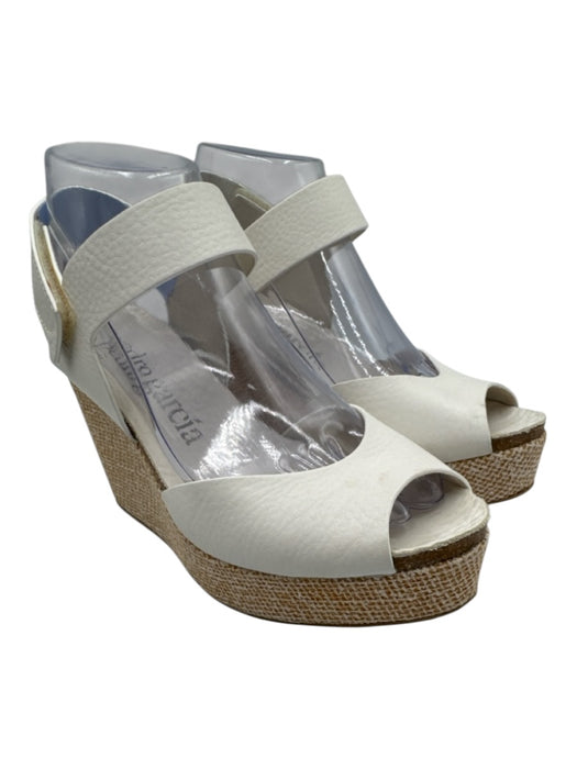 Pedro Garcia Shoe Size 37.5 white & tan Leather Upper Velcro Woven Wedges white & tan / 37.5