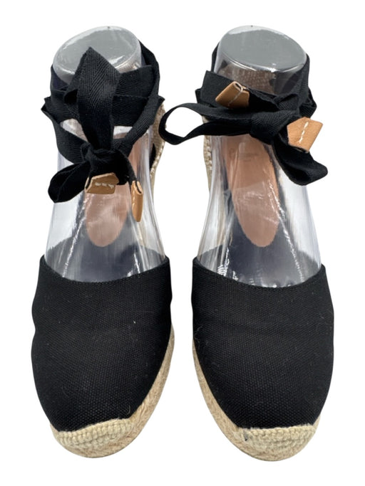 Castaner Shoe Size 38 Black & Beige Canvas & Raffia Ankle Wrap Wedge Espadrille Black & Beige / 38
