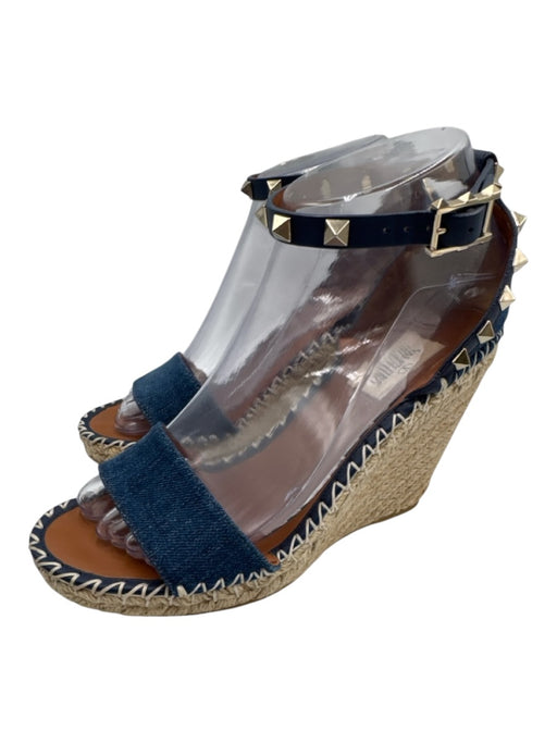 Valentino Garavani Shoe Size 37 Dark Wash Leather & Textile Toe Strap Espadrille Dark Wash / 37