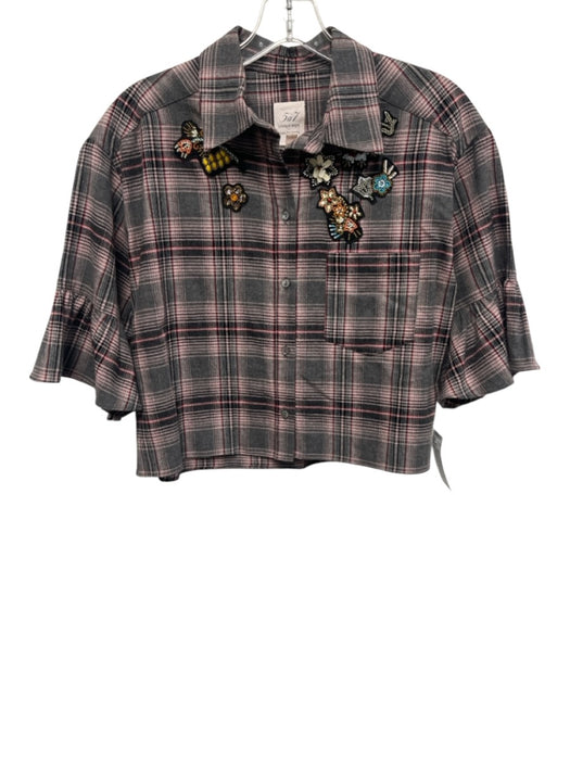 Cinq a Sept Size S Gray, Pink, Multi Cotton Plaid Short Sleeve Button Up Top Gray, Pink, Multi / S