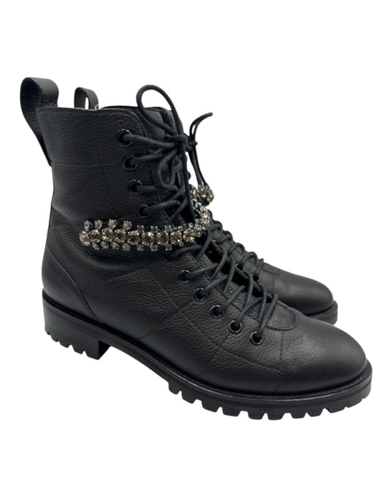 Jimmy Choo Shoe Size 38 Black Leather Lace Up Side Zip Jeweled Booties Black / 38