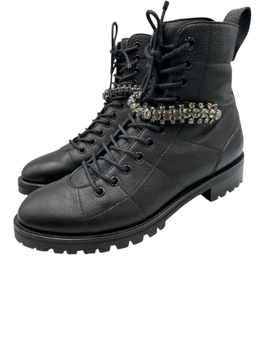 Jimmy Choo Shoe Size 38 Black Leather Lace Up Side Zip Jeweled Booties Black / 38