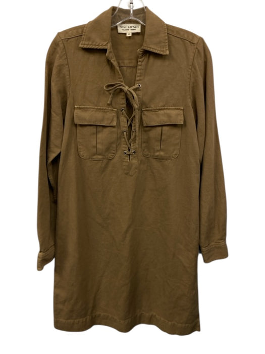 Nili Lotan Size XS Light Brown Cotton & Linen Long Sleeve Lace Up Collar Dress Light Brown / XS