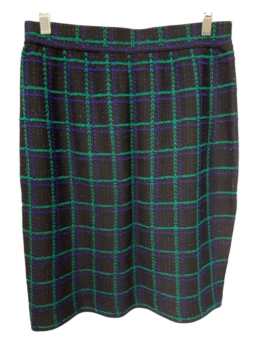 St John Size 8 Black, Green, Blue Wool Blend Elastic Waist Plaid Pencil Skirt Black, Green, Blue / 8