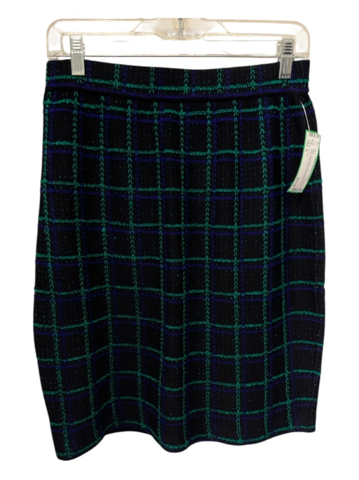 St John Size 8 Black, Green, Blue Wool Blend Elastic Waist Plaid Pencil Skirt Black, Green, Blue / 8