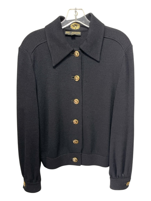 St John Basics Size M Black Wool Blend Knit Gold Tone Hardware Collar Jacket Black / M