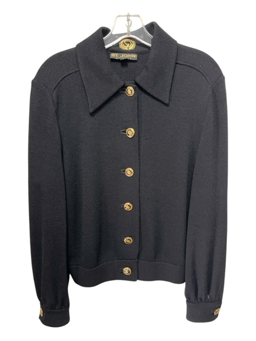 St John Basics Size M Black Wool Blend Knit Gold Tone Hardware Collar Jacket Black / M