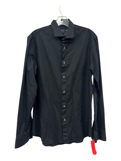 Phillip Plein Size L Black Cotton Blend Solid Button Up Skull Long Sleeve Shirt Black / L