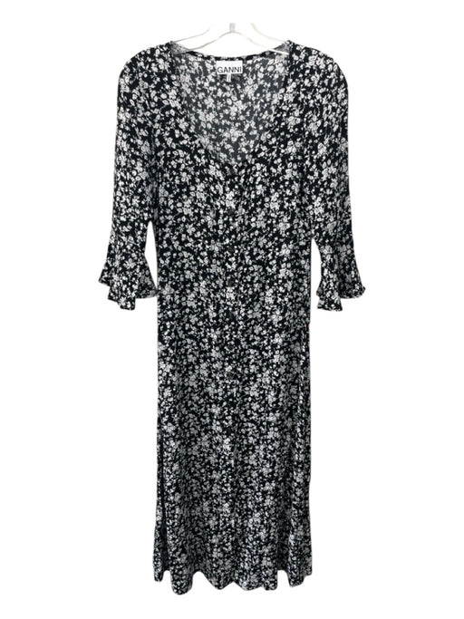 Ganni Size 34 Black & White Viscose Blend Long Sleeve Floral Scoop Neck Dress Black & White / 34