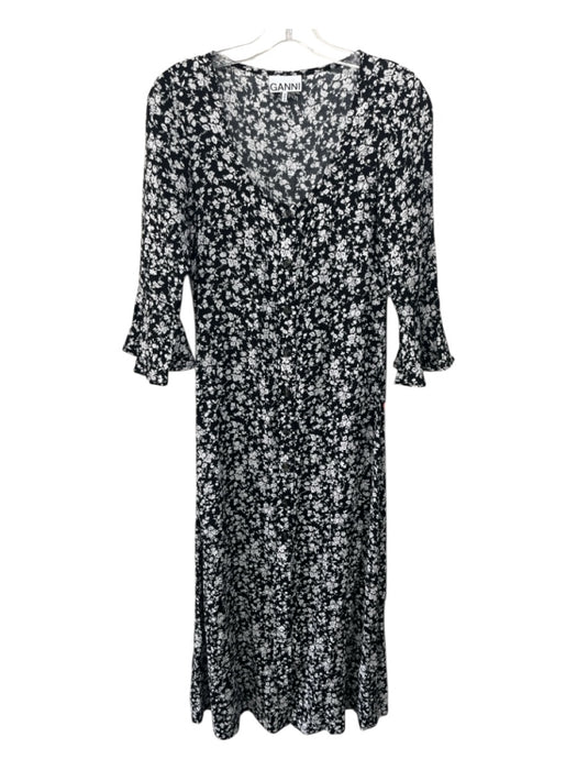 Ganni Size 34 Black & White Viscose Blend Long Sleeve Floral Scoop Neck Dress Black & White / 34