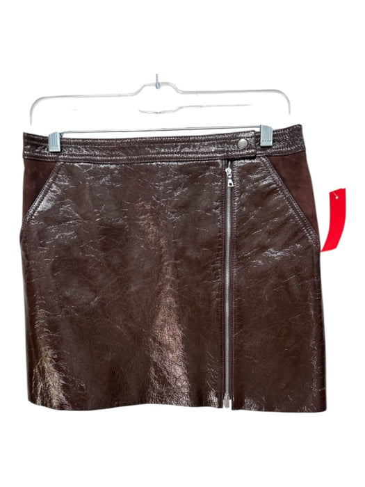 Theory Size 2 Brown Patent Leather Side Zip Snap Closure Fabric Block Mini Skirt Brown / 2
