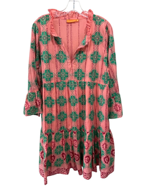Oliphant Size M Pink & Green Cotton Sequin Detail Embroidered Long Sleeve Dress Pink & Green / M