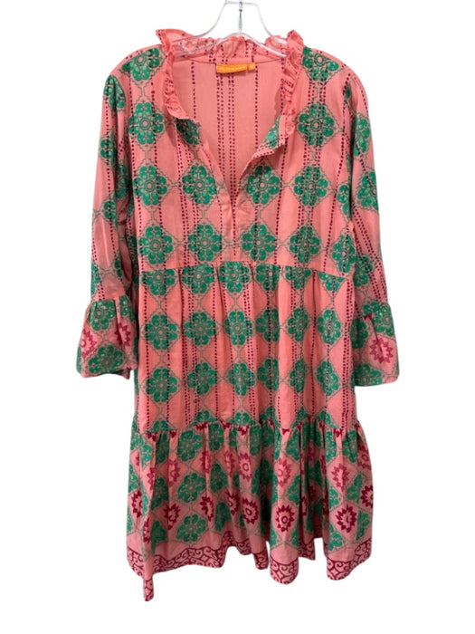Oliphant Size M Pink & Green Cotton Sequin Detail Embroidered Long Sleeve Dress Pink & Green / M