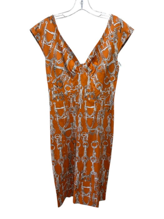 Samantha Sung Size 6 Orange, Beige & White Cotton Blend Equestrian Print Dress Orange, Beige & White / 6