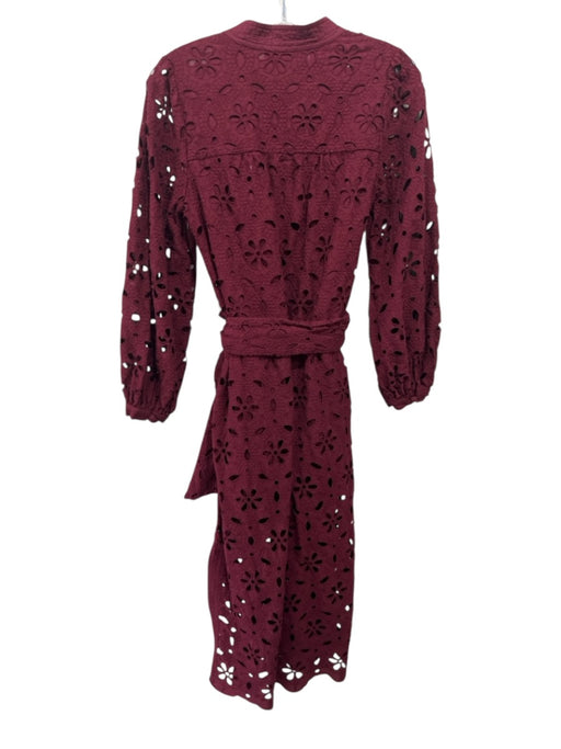 Figue Size XS Burgundy Cotton Floral Eyelet Long Balloon Sleeve V Neck Dress Burgundy / XS
