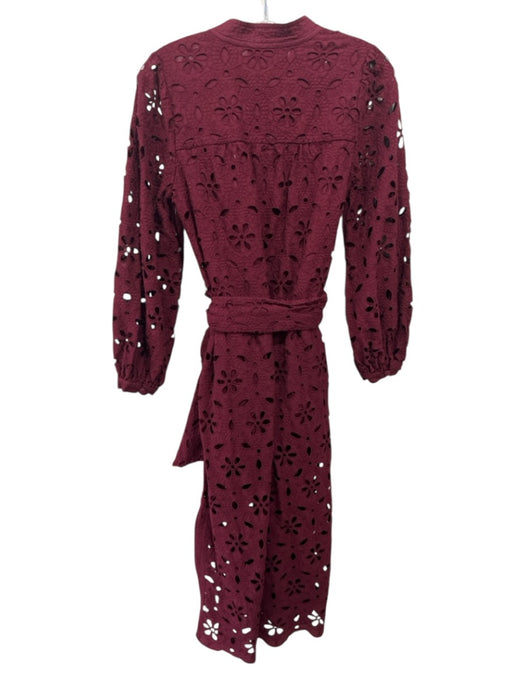 Figue Size XS Burgundy Cotton Floral Eyelet Long Balloon Sleeve V Neck Dress Burgundy / XS