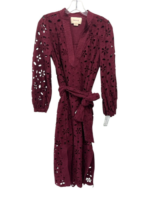 Figue Size XS Burgundy Cotton Floral Eyelet Long Balloon Sleeve V Neck Dress Burgundy / XS