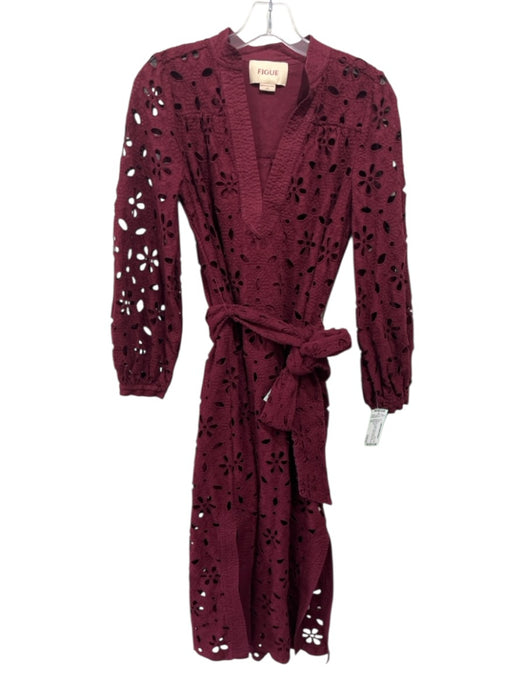 Figue Size XS Burgundy Cotton Floral Eyelet Long Balloon Sleeve V Neck Dress Burgundy / XS
