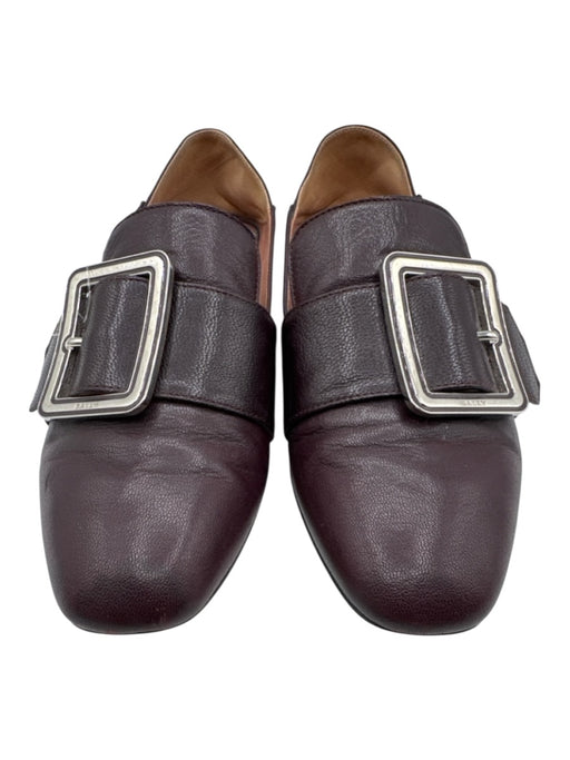 Bally Shoe Size 36 Plum Brown Leather Upper Silver Tone Buckle Slip On Loafers Plum Brown / 36