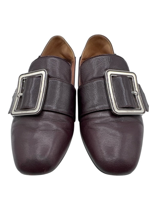 Bally Shoe Size 36 Plum Brown Leather Upper Silver Tone Buckle Slip On Loafers Plum Brown / 36