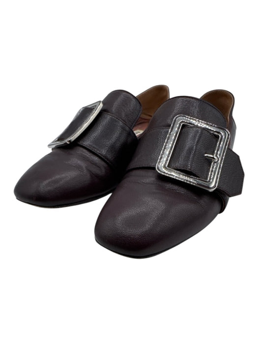 Bally Shoe Size 36 Plum Brown Leather Upper Silver Tone Buckle Slip On Loafers Plum Brown / 36