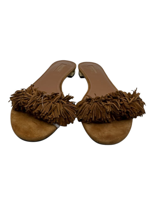 Aquazzura Shoe Size 40 Tan Brown Leather Upper Suede Fringe Slide Flat Sandals Tan Brown / 40