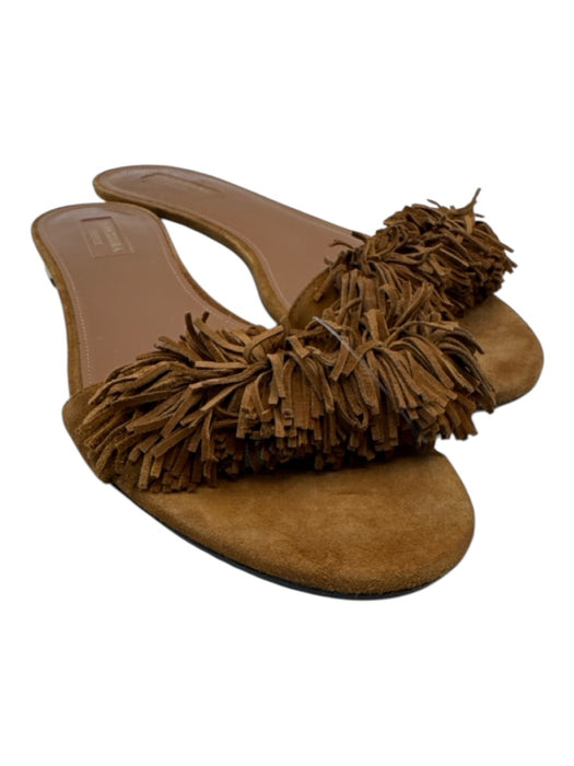 Aquazzura Shoe Size 40 Tan Brown Leather Upper Suede Fringe Slide Flat Sandals Tan Brown / 40