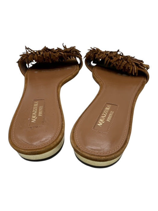 Aquazzura Shoe Size 40 Tan Brown Leather Upper Suede Fringe Slide Flat Sandals Tan Brown / 40