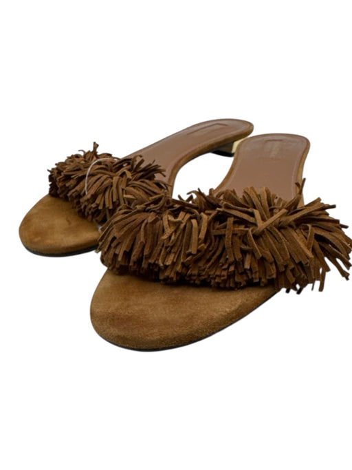 Aquazzura Shoe Size 40 Tan Brown Leather Upper Suede Fringe Slide Flat Sandals Tan Brown / 40