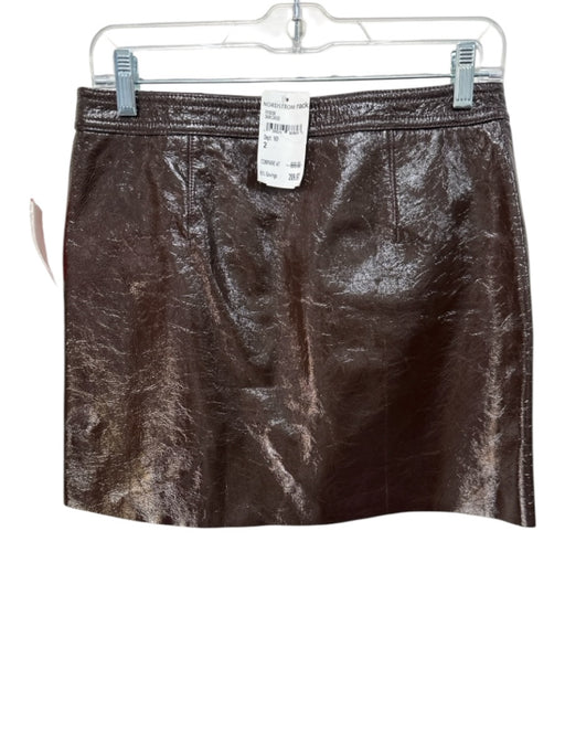 Theory Size 2 Brown Patent Leather Side Zip Snap Closure Fabric Block Mini Skirt Brown / 2