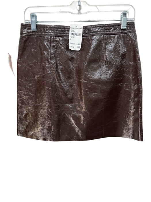Theory Size 2 Brown Patent Leather Side Zip Snap Closure Fabric Block Mini Skirt Brown / 2
