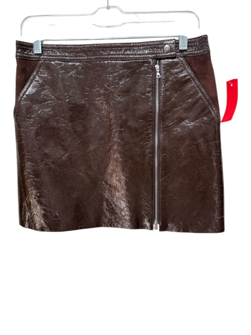 Theory Size 2 Brown Patent Leather Side Zip Snap Closure Fabric Block Mini Skirt Brown / 2