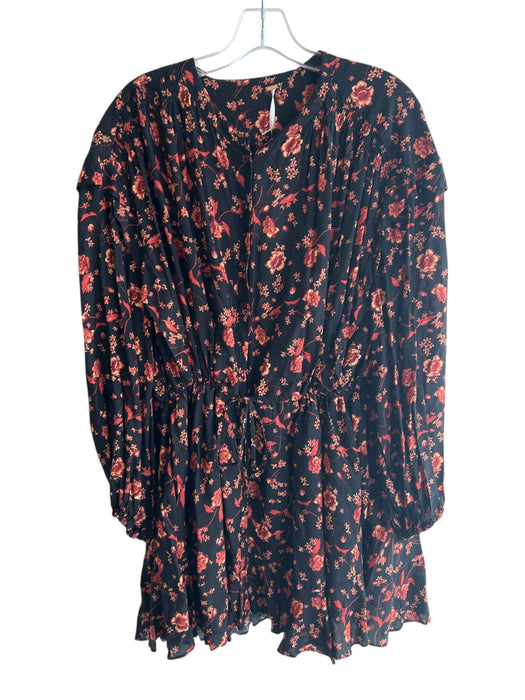 Free People Size XS Black & Burnt Orange Viscose Long Sleeve Floral Print Dress Black & Burnt Orange / XS