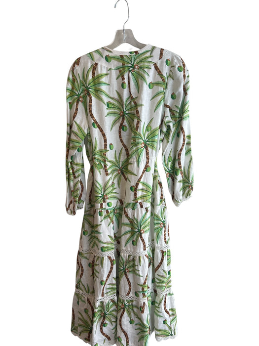 Farm Rio Size Medium White, Green & Brown Cotton Palm Tree Print V Neck Dress White, Green & Brown / Medium