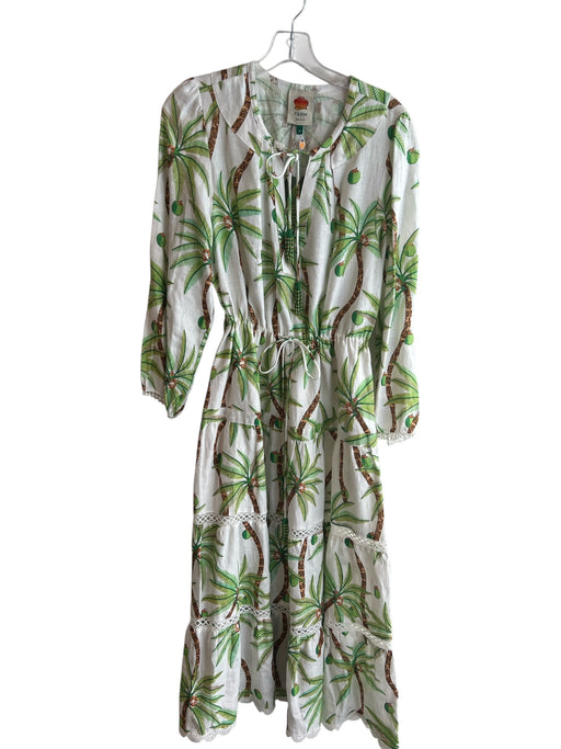 Farm Rio Size Medium White, Green & Brown Cotton Palm Tree Print V Neck Dress White, Green & Brown / Medium