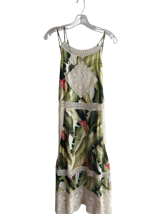 Farm Rio Size Medium Green, White & Multi Viscose Floral Print Lace Accent Dress Green, White & Multi / Medium