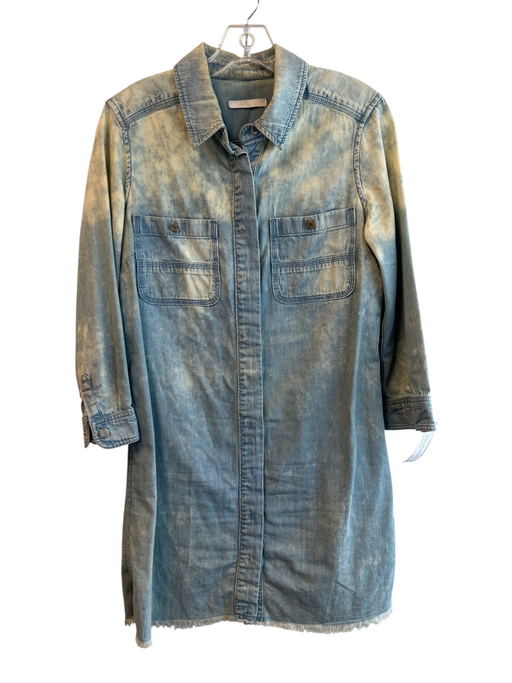 7 For All Mankind Light Wash Cotton Long Sleeve Acid Wash Chest Pocket Dress Light Wash