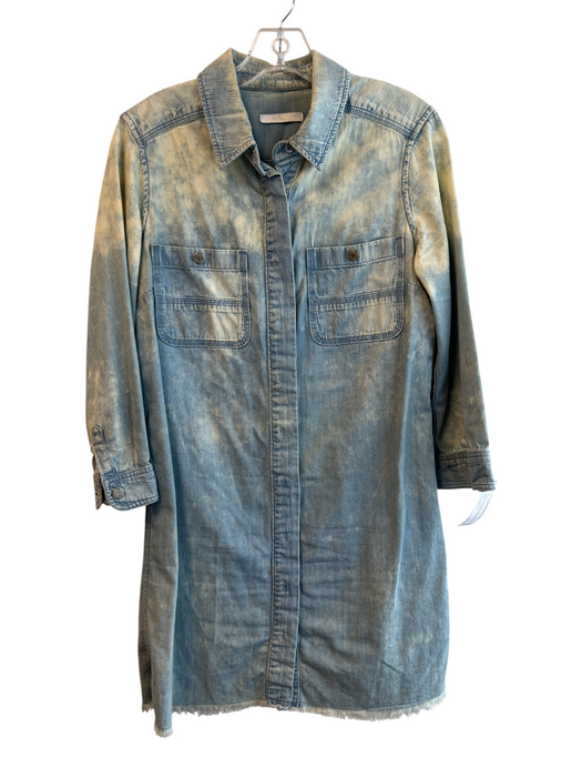7 For All Mankind Light Wash Cotton Long Sleeve Acid Wash Chest Pocket Dress Light Wash