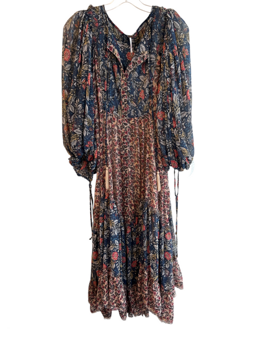Free People Size XS Blue & Multi Polyester V Neck Floral Long Sleeve Dress Blue & Multi / XS