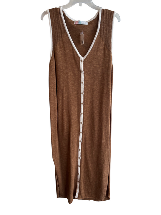 Free People Beach Size M Brown & White Cotton Blend Sleeveless Knit V Neck Dress Brown & White / M