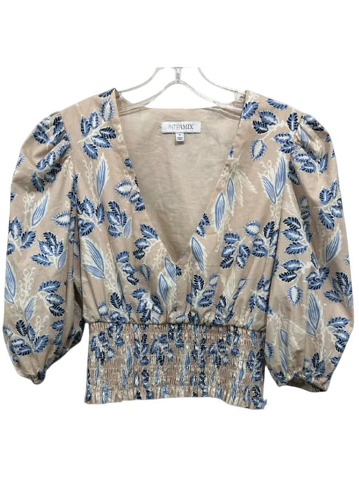 Intermix Size P Beige & Blue Cotton V Neck Leaf Print Smocked Waist Top Beige & Blue / P