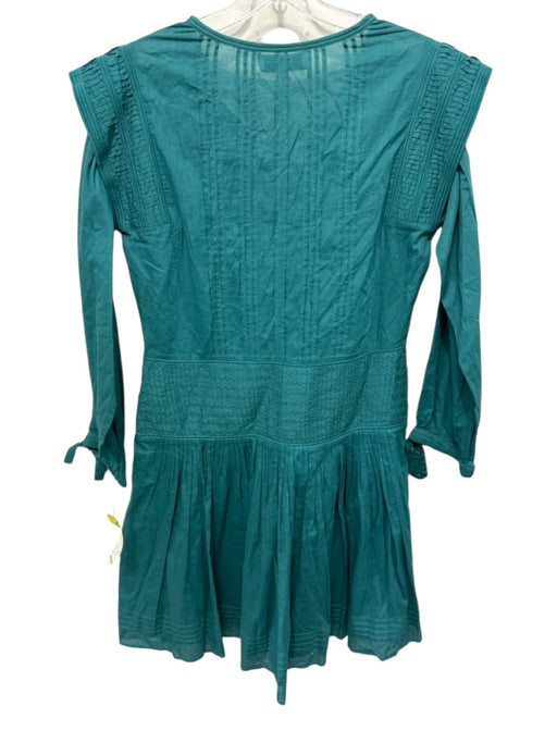 Sea New York Size 4 Teal Green Cotton Long Sleeve Micro Pleated Lace Trim Dress Teal Green / 4