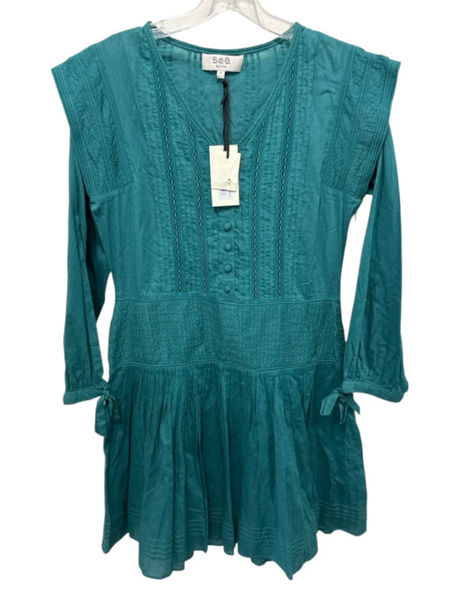 Sea New York Size 4 Teal Green Cotton Long Sleeve Micro Pleated Lace Trim Dress Teal Green / 4