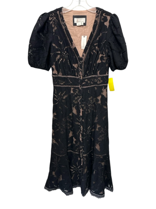 By Anthropologie Size 6 Black Cotton Blend Short Sleeve Floral Tiered Dress Black / 6
