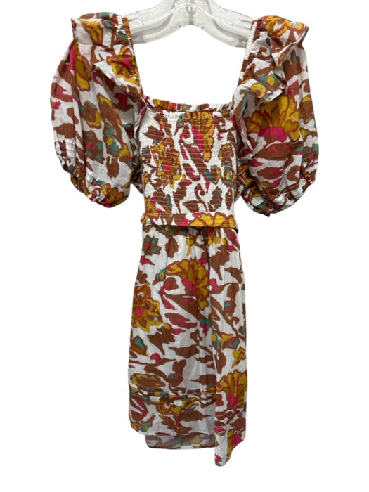 Cleobella Size Medium Brown, Pink, Yellow Cotton Short Balloon Sleeve Dress Brown, Pink, Yellow / Medium