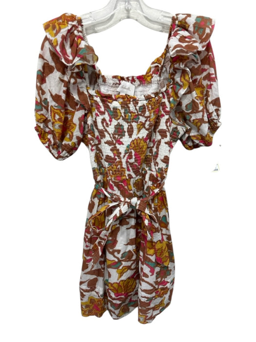 Cleobella Size Medium Brown, Pink, Yellow Cotton Short Balloon Sleeve Dress Brown, Pink, Yellow / Medium