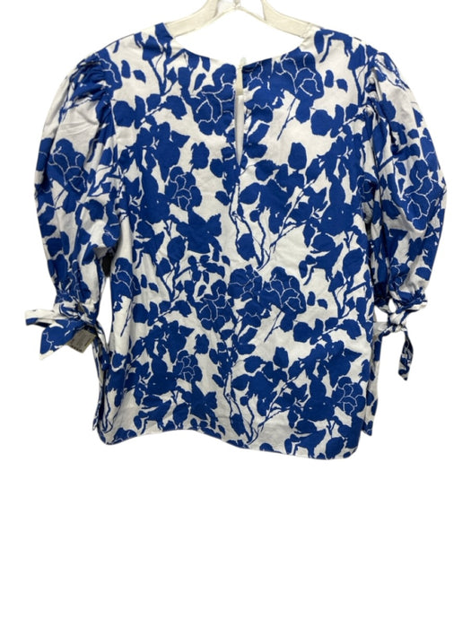Hyacinth House Size Large Blue & White Cotton Blend Short Puff Sleeve Floral Top Blue & White / Large