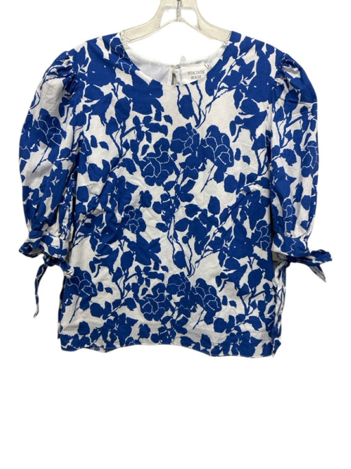 Hyacinth House Size Large Blue & White Cotton Blend Short Puff Sleeve Floral Top Blue & White / Large